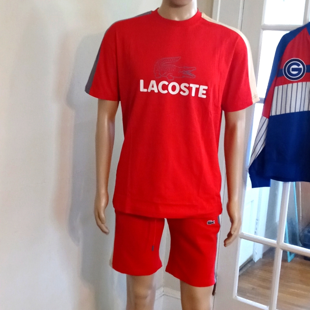 Men Lacoste Shirt and short set red